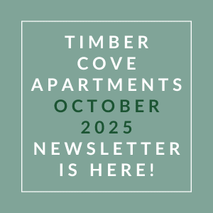 The image is an advertisement for the Timber Cove Apartments October 2025 newsletter.