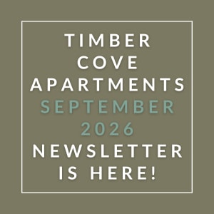 The image is a cover of the Timber Cove Apartments September 2026 newsletter.