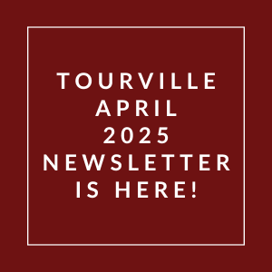 A red square with white text announcing the Tourville April 2025 newsletter.