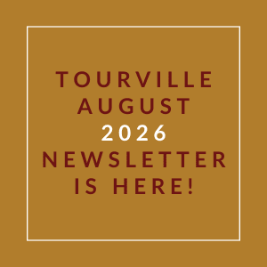 A brown square with the text "Tourville August 2026 Newsletter is here!" written in white.