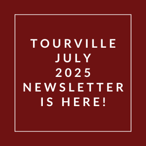 A red square with white text announcing the Tourville July 2025 newsletter.