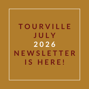 A brown square with the text "Tourville July 2026 Newsletter is here!" written in white.
