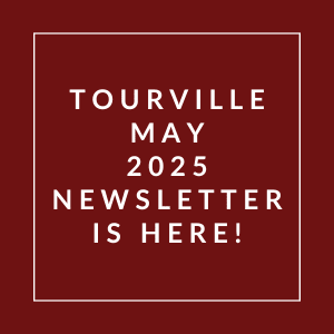A red square with white text announcing the Tourville May 2025 newsletter.