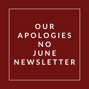 A red square with white text that reads "Our Apologies No June Newsletter".