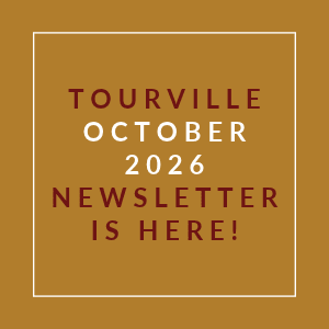 A brown square with the text "Tourville October 2026 Newsletter is here!" written in white.