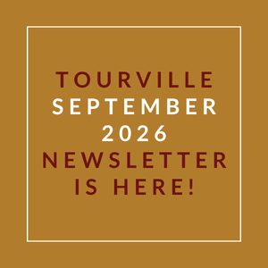 A brown square with the text "Tourville September 2026 Newsletter is here!" written in white.