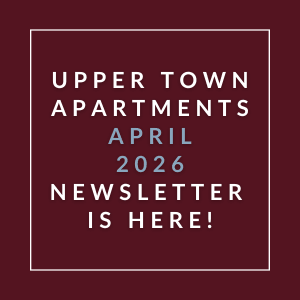 The image is a cover of the Upper Town Apartments April 2026 newsletter.
