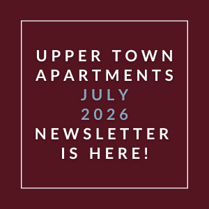 The image is a cover of the Upper Town Apartments July 2026 newsletter.