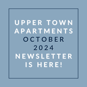 a blue background with the words upper town apartments october 2024 newsletter is here