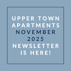 The image announces the release of the Upper Town Apartments November 2025 newsletter.