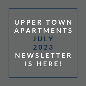 a gray background with a blue border and white text that reads upper town apartments july 23