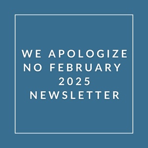 A blue square with text apologizing for the absence of a newsletter in February 2025.