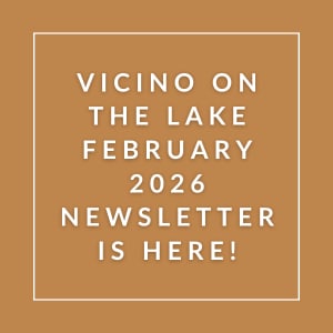 The image is promoting a newsletter for Vicino on the Lake in February 2026.