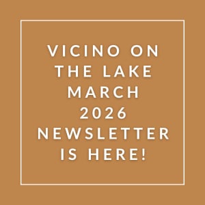The image is promoting a newsletter for Vicino on the Lake in March 2026.