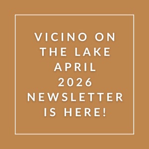 The image announces the Vicino on the Lake April 2026 newsletter.