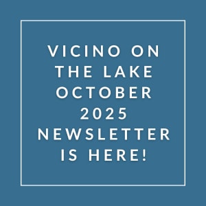 The image announces the release of the Vicino on the Lake newsletter for October 2025.