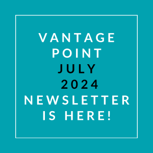 a white box on a blue background with the words vantage point july 2024 newsletter