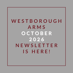 A grey square with red text that reads Westborough Arms October 2026 Newsletter is here!