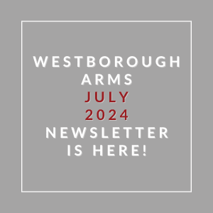 a grey background with white and red text and the words westborough arms july