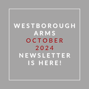 a grey background with white and red text and the words westborough arms october