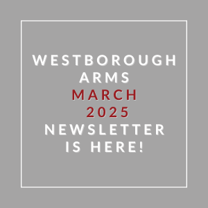 A grey square with text announcing the Westborough Arms March 2025 newsletter.