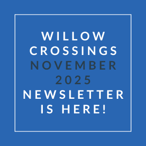 A blue square with white text announcing the Willow Crossings November 2025 newsletter.