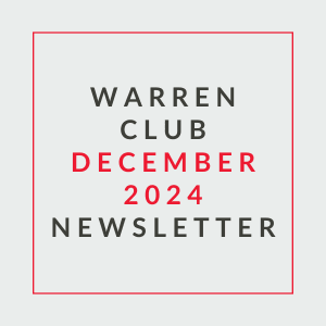 A white and red newsletter cover for the Warren Club for December 2024.