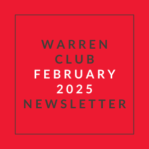 A red cover page of a newsletter for Warren Club in February 2025.