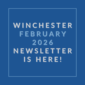 A blue background with white text announcing the Winchester February 2026 Newsletter.