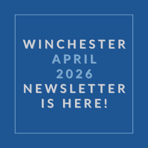 A blue background with white text announcing the Winchester April 2026 newsletter.