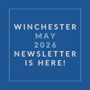 A blue square with white text announcing the Winchester May 2026 newsletter.