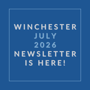 A blue background with white text announcing the Winchester July 2026 newsletter.