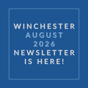 A blue background with white text announcing the Winchester August 2026 newsletter.