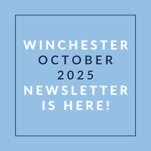 A blue square with text announcing the Winchester October 2025 Newsletter.