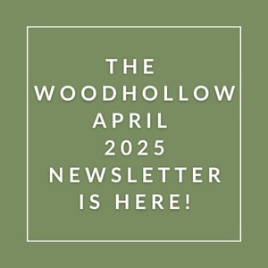 The image announces the availability of the Woodhollow April 2025 newsletter.