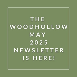 The image announces the availability of the Woodhollow April 2025 newsletter.