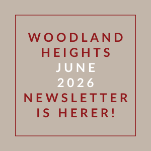 A red and white image announcing the Woodland Heights June 2026 newsletter.