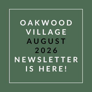 The image announces the availability of the Oakwood Village August 2026 newsletter.