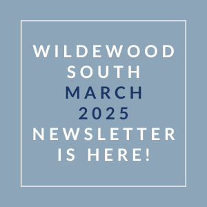 A blue square with white text announcing the Wildewood South March 2025 newsletter.