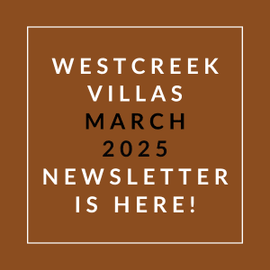 The image announces the availability of the Westcreek Villas March 2025 newsletter.