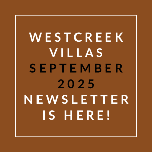 A brown square with white text announcing the Westcreek Villas September 2025 newsletter.