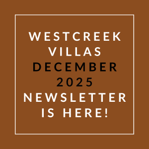 A brown square with white text announcing the Westcreek Villas December 2025 newsletter.