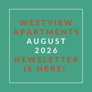 The image is a cover of the Westview Apartments August 2026 newsletter.