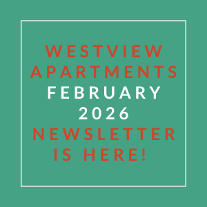 The image is a cover of the Westview Apartments February 2026 newsletter.