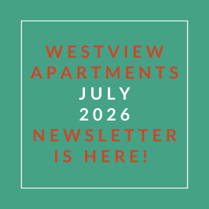The image is a cover of the Westview Apartments July 2026 newsletter.