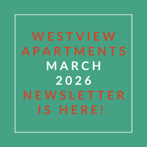 The image is a cover of the Westview Apartments March 2026 newsletter.