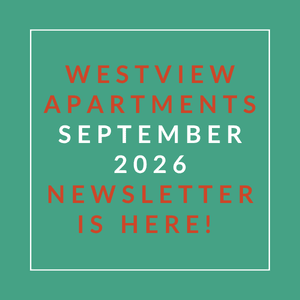 A green square with text announcing the Westview Apartments September 2026 newsletter.