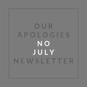 A graphic with the words "Our Apologies No July Newsletter" displayed.