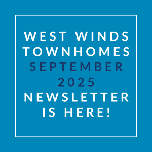 A blue square with white text announcing the West Winds Townhomes September 2025 Newsletter.