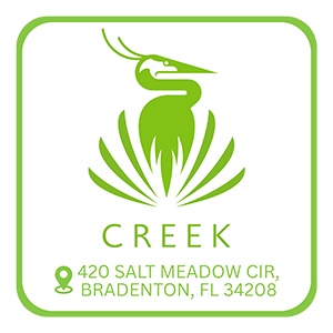 A logo with a bird and the word "CREEK" below it.